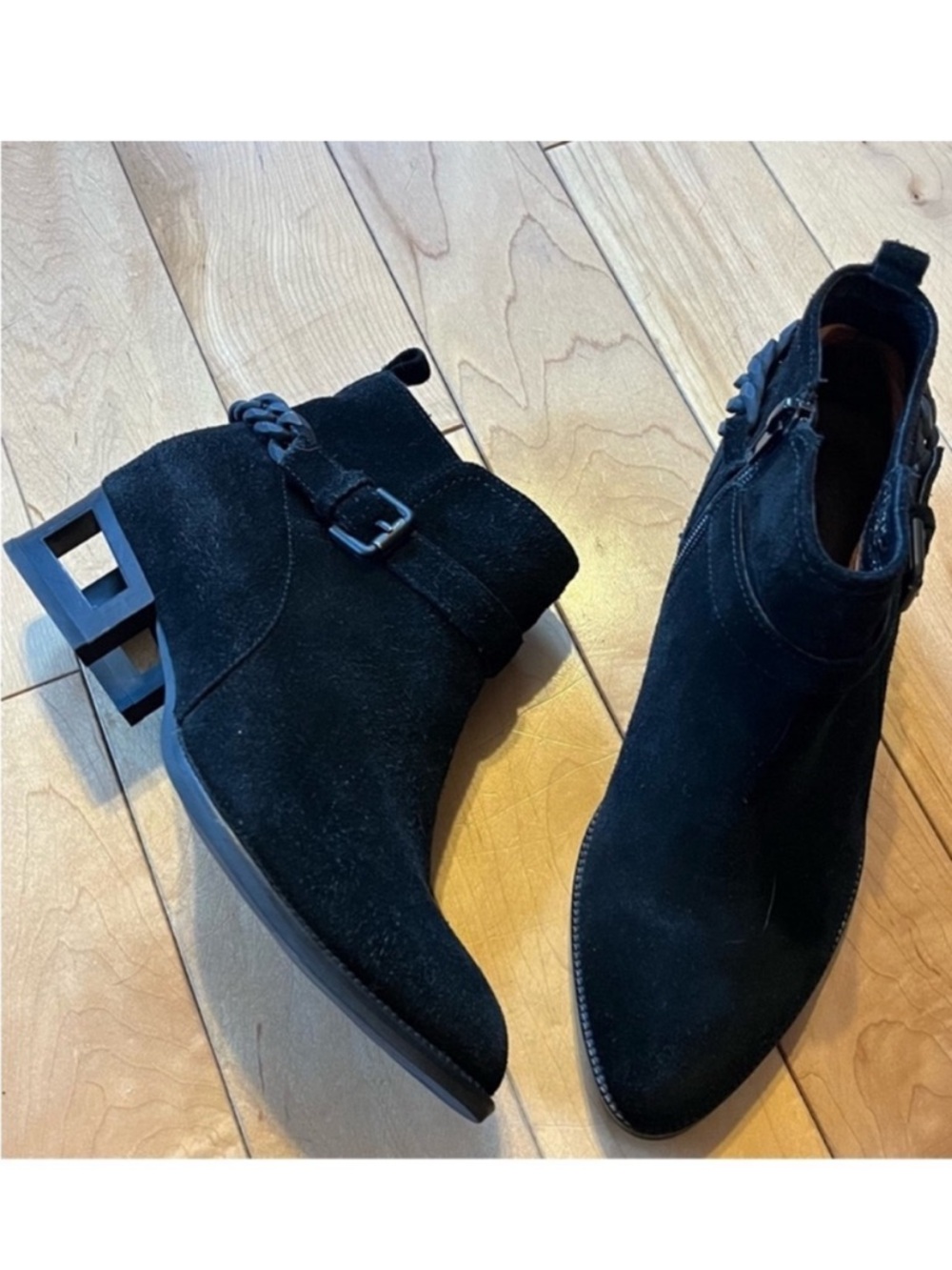 Jeffrey Campbell Axel Black Suede booties cage heel buckle chain detail size 6.5